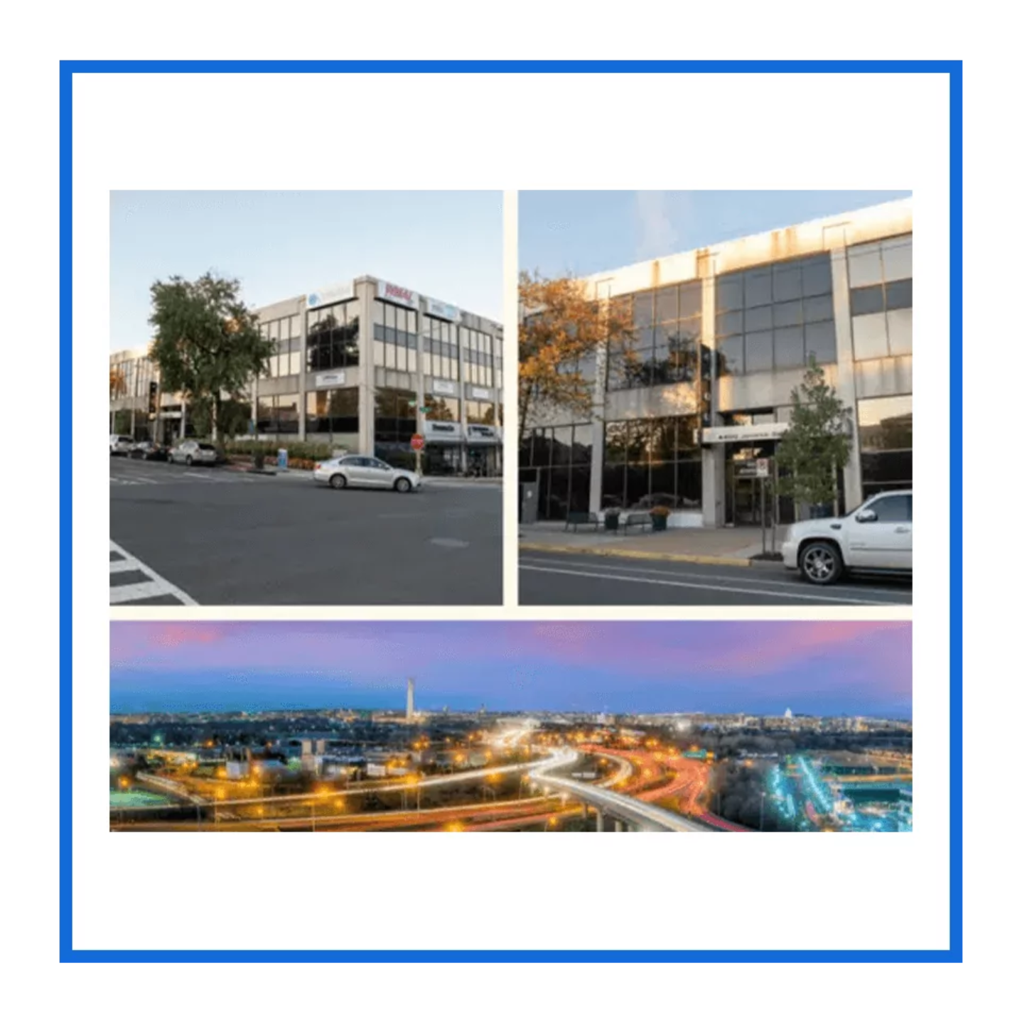 A collage showing two office buildings with cars parked in front, and a cityscape at dusk with highways and illuminated buildings in Washington DC, capturing the vibrant energy of the city known for its advanced dental implants.